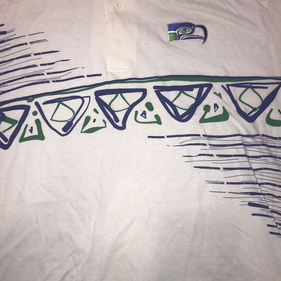 Vtg SEATTLE SEAHAWKS Shirt Polo SOFT Cotton NFL Logo All Out Fan 90s Mens XL - Picture 5 of 5